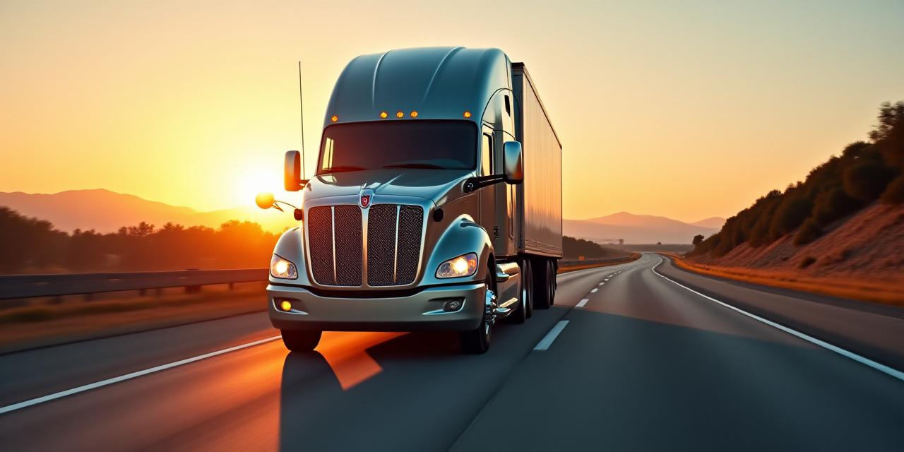 Large commercial cargo truck driving on a modern highway at sunset