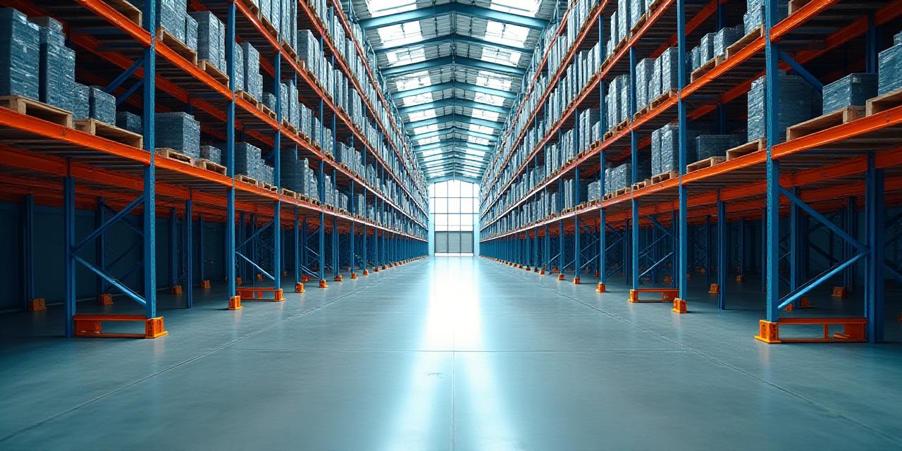 Modern logistics warehouse interior with high stacking racks and clean floors