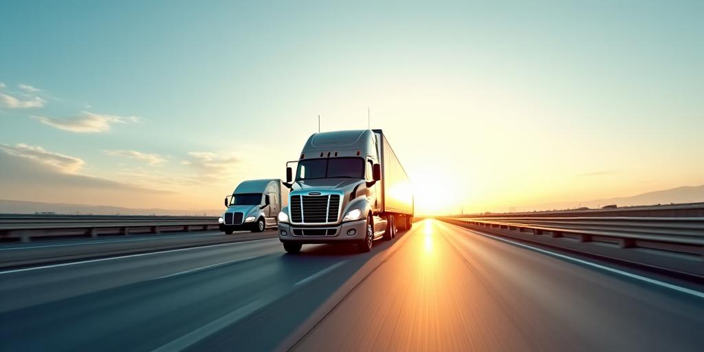 Modern freight transport trucks on a highway at sunrise