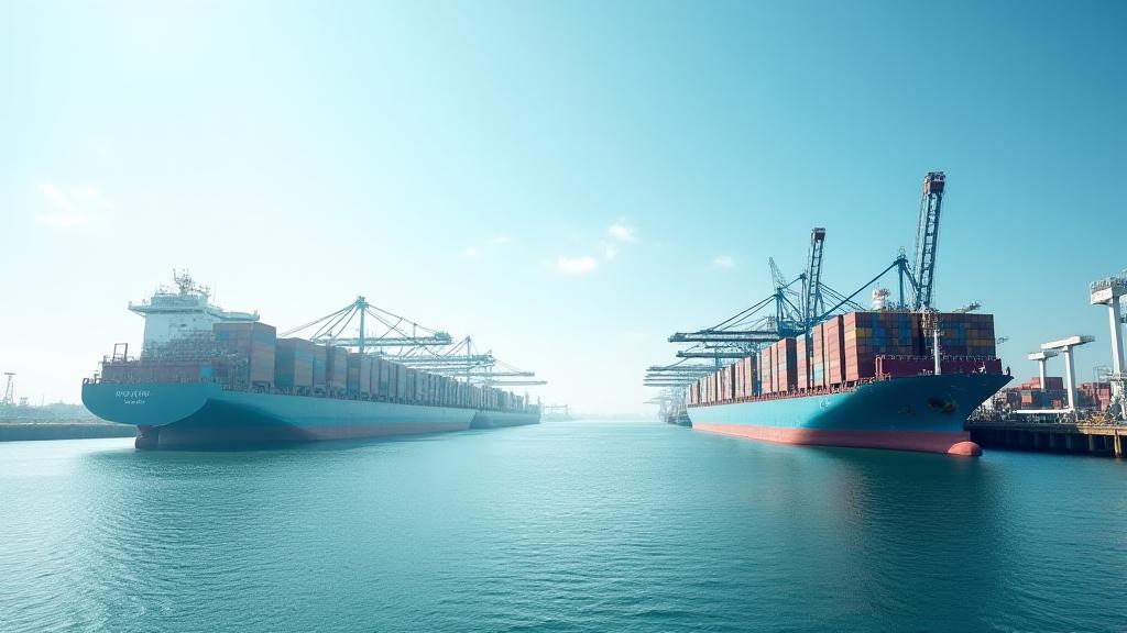 Global cargo vessel at a high-tech automated port terminal